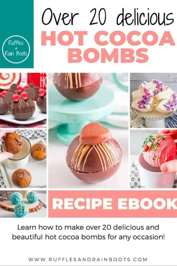vertical image of the cover of the hot cocoa bombs ebook from ruffles and rain boots showing many hot chocolate bombs in staged photography