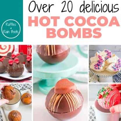 square image of the hot cocoa bombs recipe ebook with a title which reads over 20 delicious hot cocoa bomb recipes from ruffles and rain boots