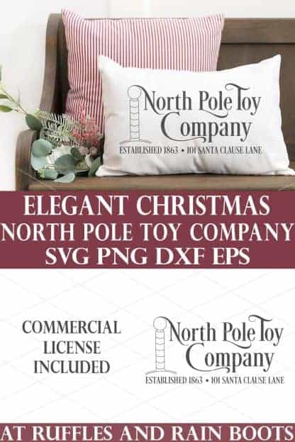 vertical collage of north pole toy company svg on bottom and the design placed in light gray iron on vinyl cut with cricut on a holiday pillow with a Christmas background