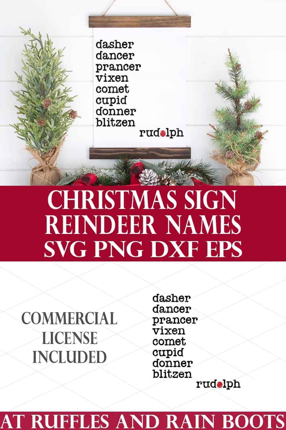 vertical collage of Christmas sign SVG from ruffles and rain boots of Santas reindeer names on a white scroll sign on wood wall