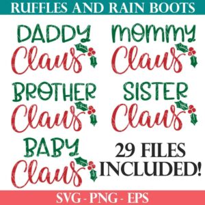 square image showing the family Christmas SVG bundle design set from ruffles and rain boots