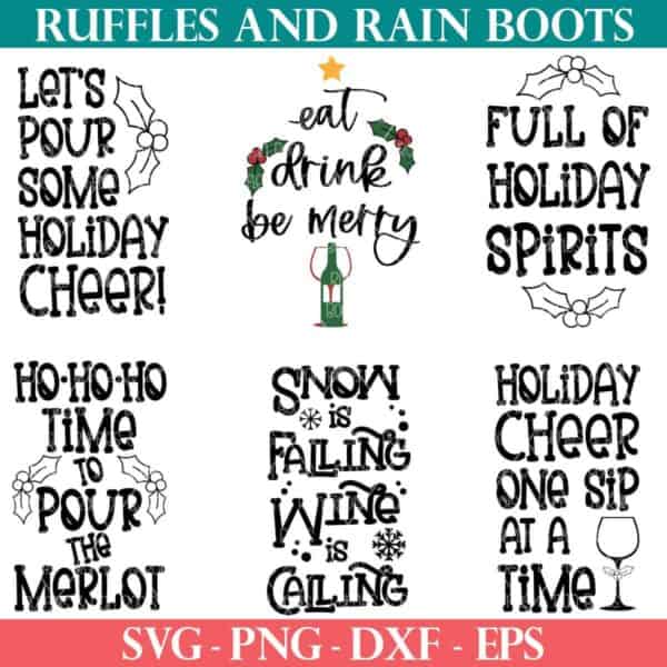 six cut file set of Christmas wine bag SVG bundle from ruffles and rain boots