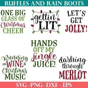 six Christmas wine SVG designs in red green and black for a holiday gift set of wine glasses or tumblers from ruffles and rain boots