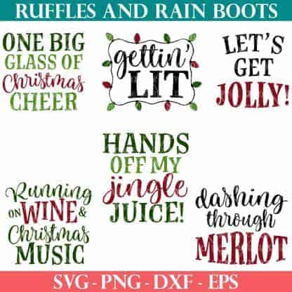 six Christmas wine SVG designs in red green and black for a holiday gift set of wine glasses or tumblers from ruffles and rain boots