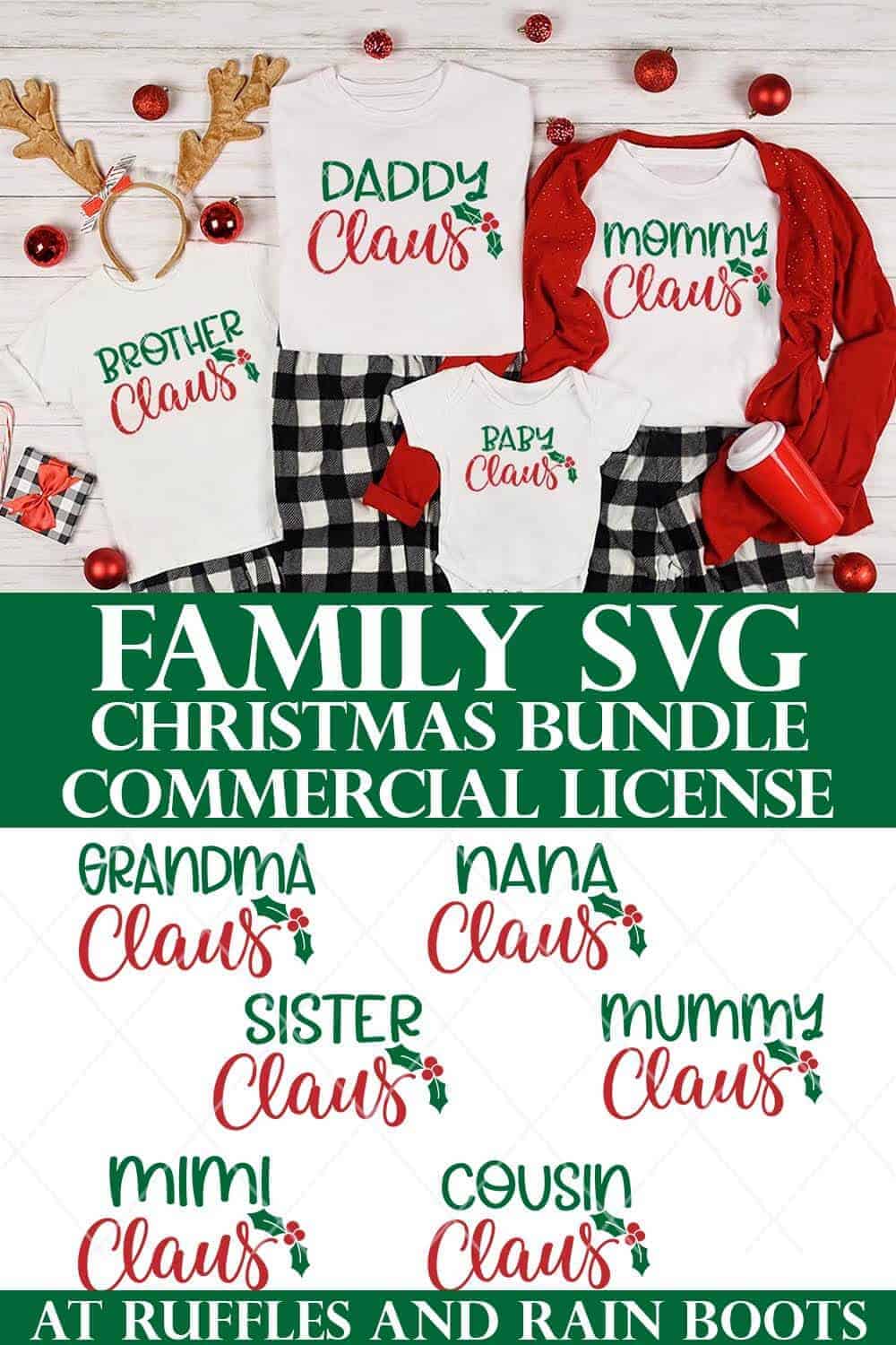 stacked vertical image of family Christmas pajamas on top and designs on bottom with text which reads family SVG Christmas bundle commercial license