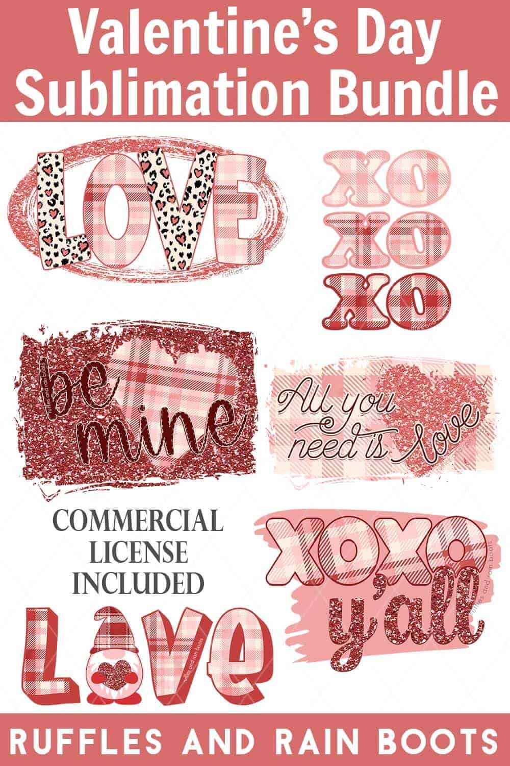 vertical image of six valentines day sublimation designs in pink red glitter plaid and leopard print