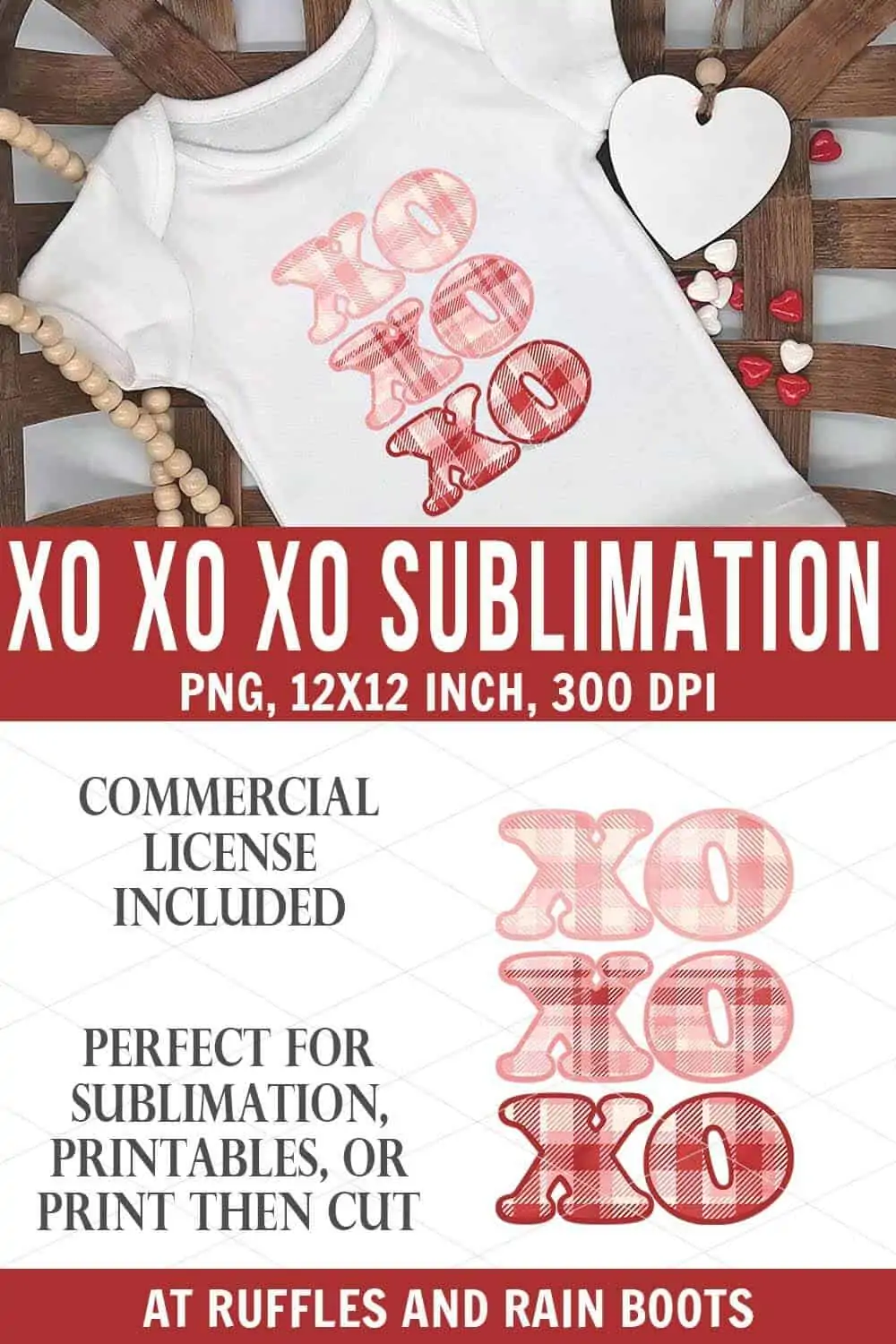 stacked vertical image of baby body suit with plaid XO sublimation print with text which reads xo xo xo sublimation png 12x12 300 dpi