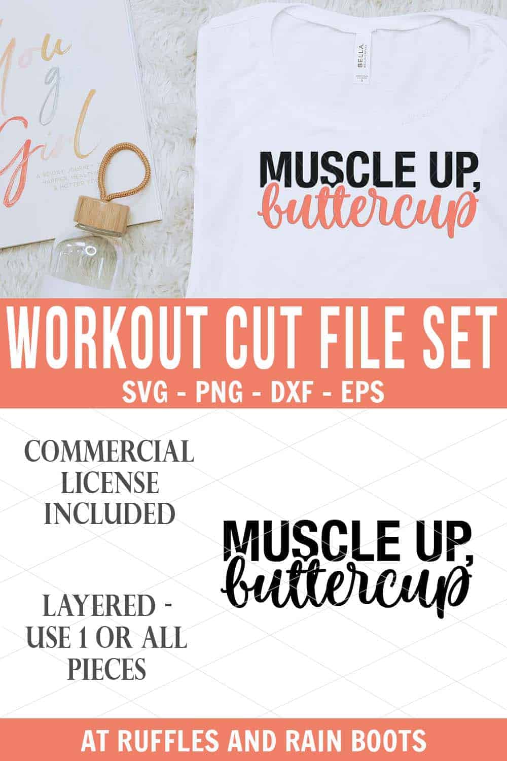 vertical stacked image of white muscle tank with muscle up buttercup svg in black and pink vinyl sitting on a flokati rug with water bottle with text which reads workout cut file svg png eps dxf