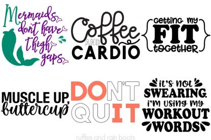 horizontal image collage of six workout svg designs made by ruffles and rain boots in a workout svg bundle