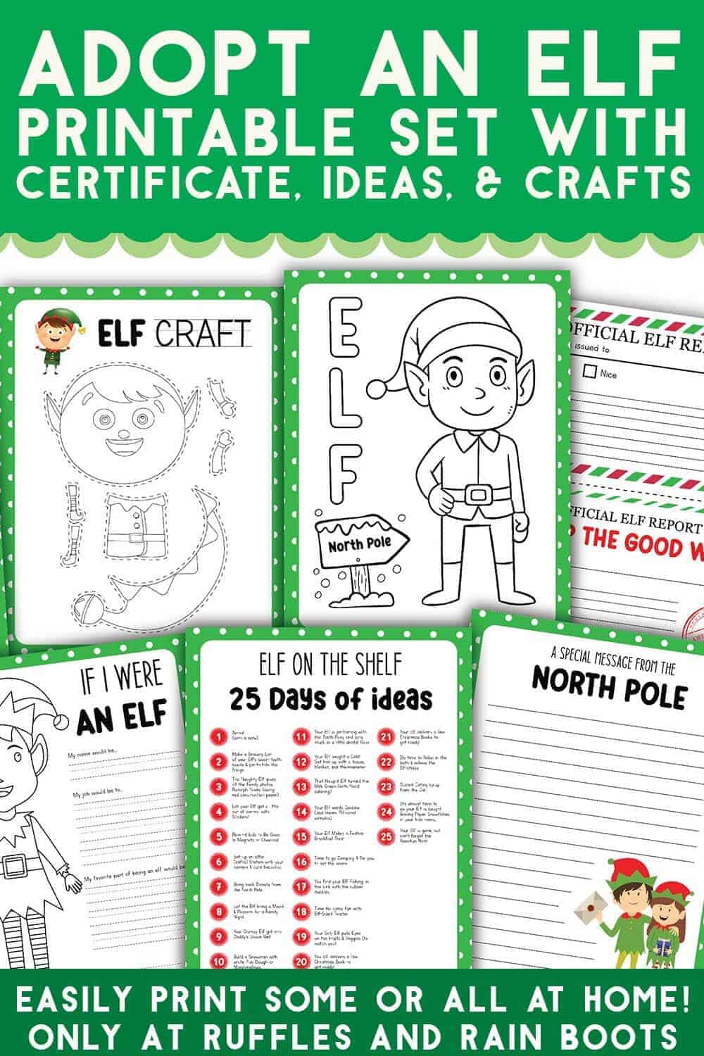 vertical image with collage of Christmas elf activities and elf on the shelf ideas with text which reads adopt an elf printable set with certificate ideas and crafts easily print some or all at home
