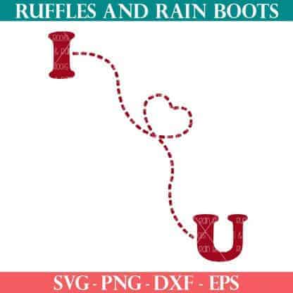 I heart U svg with dotted heart shaped trail from ruffles and rain boots svg.