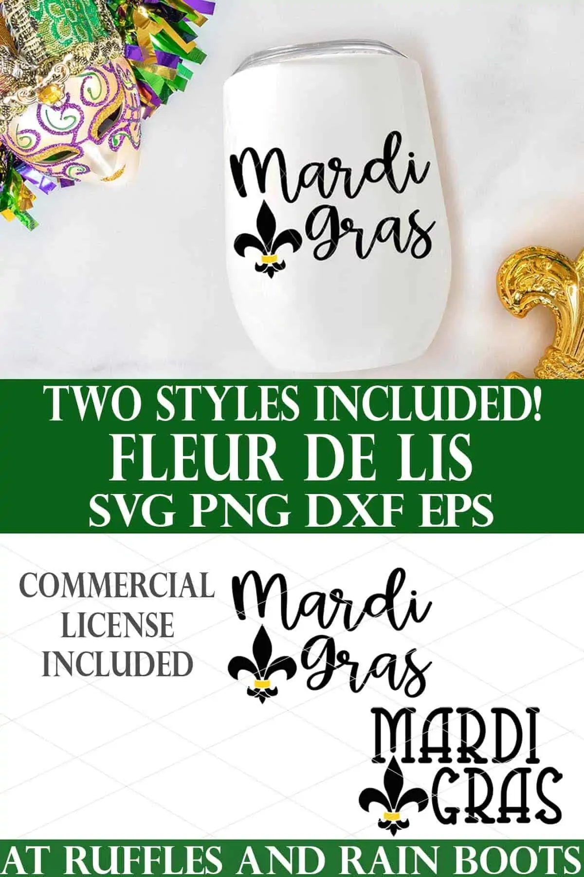 stacked vertical image of a white wine tumbler on a white background with black vinyl in script font with text which reads two styles included fleur de lis svg.