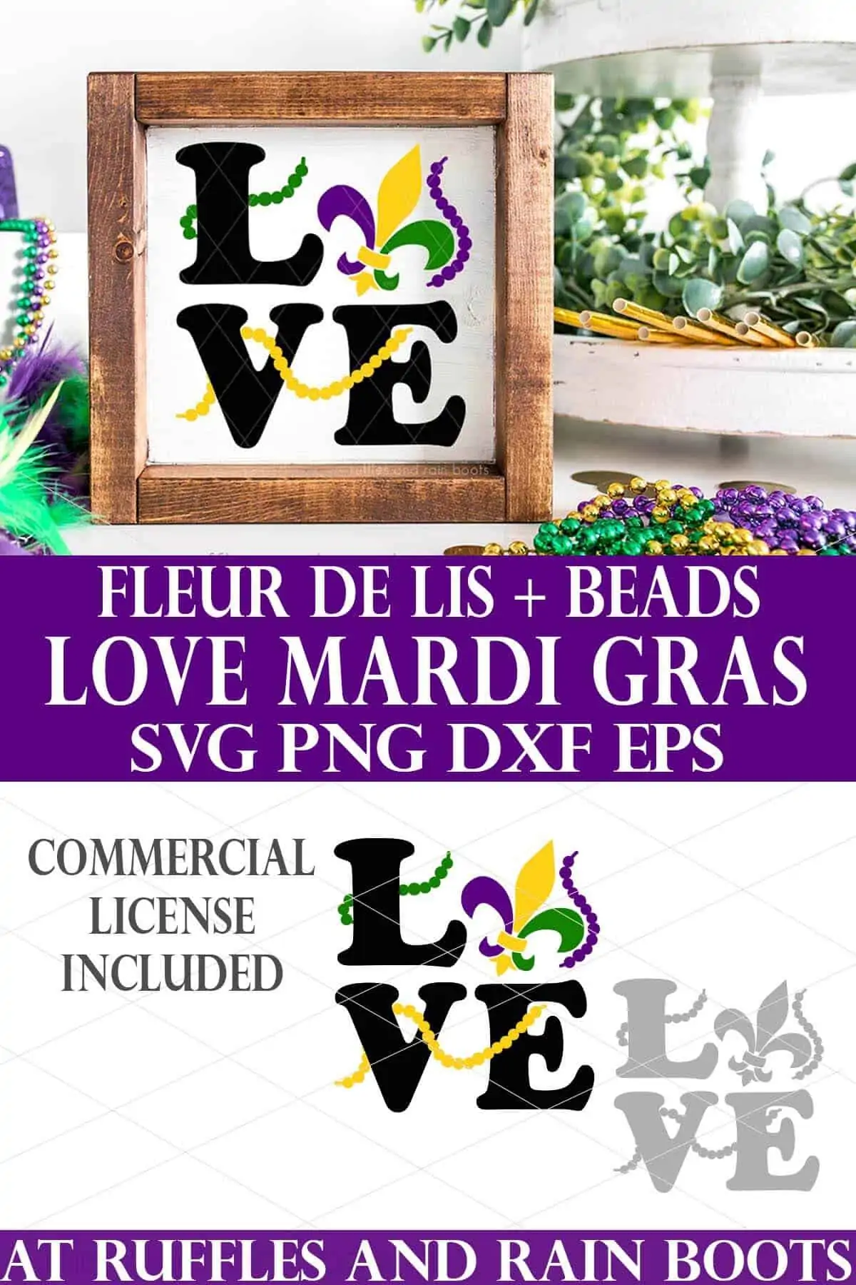 stacked vertical image with black purple green and yellow tiered tray sign with text which fleur de lis and bead necklaces love mardi gras svg.