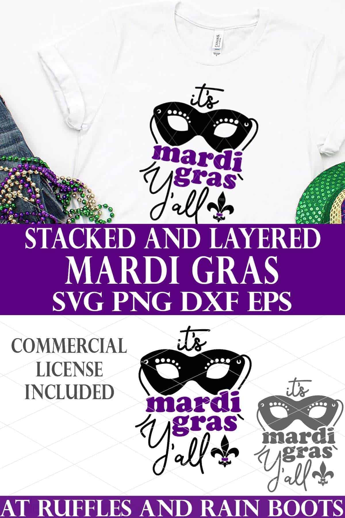 stacked vertical image with black and vinyl mask svg fleur de lis with text which reads its mardi gras yall svg commercial license.