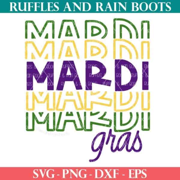 mardi gras svg in green yellow and purple stacked layered design from ruffles and rain boots.