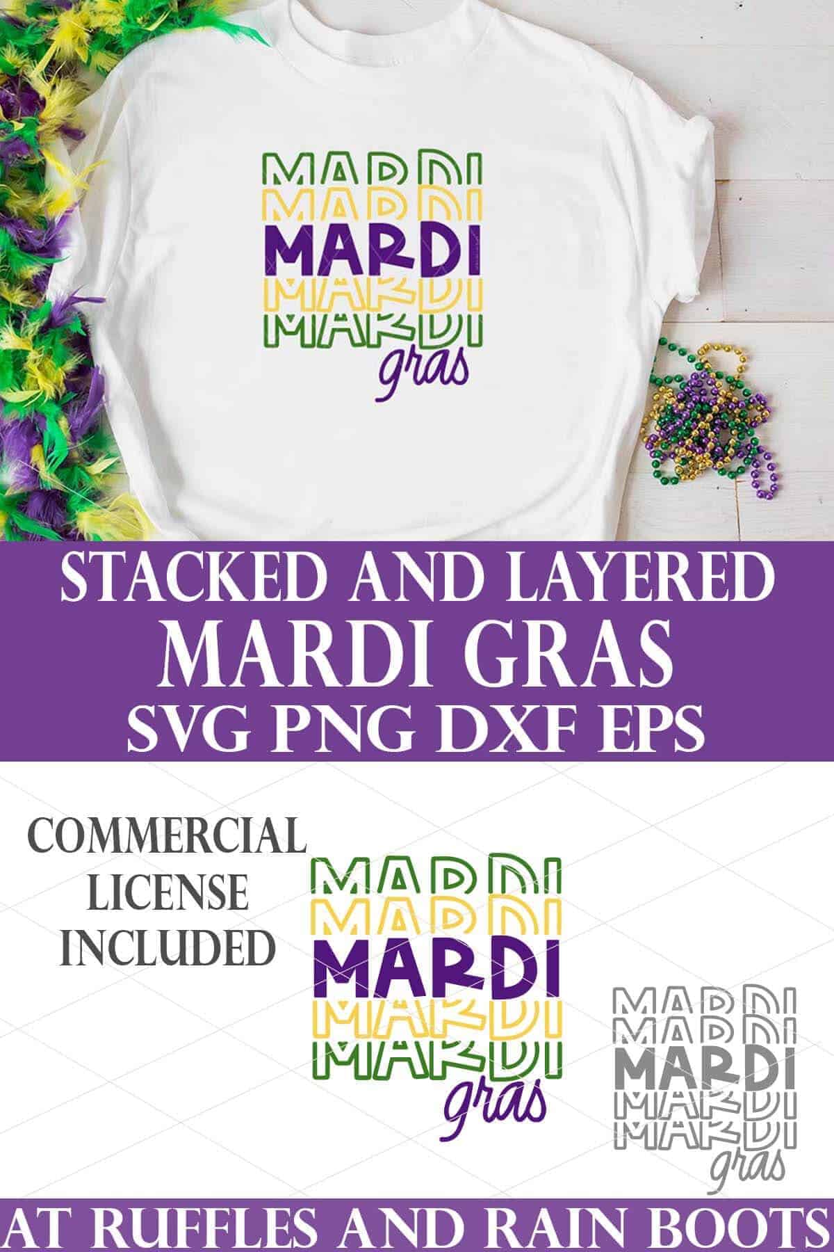 stacked image of mardi gras svg on bottom and green yellow and purple mardi gras in a stacked layered design in vinyl on a white t shirt on wood background with mardi gras beads.