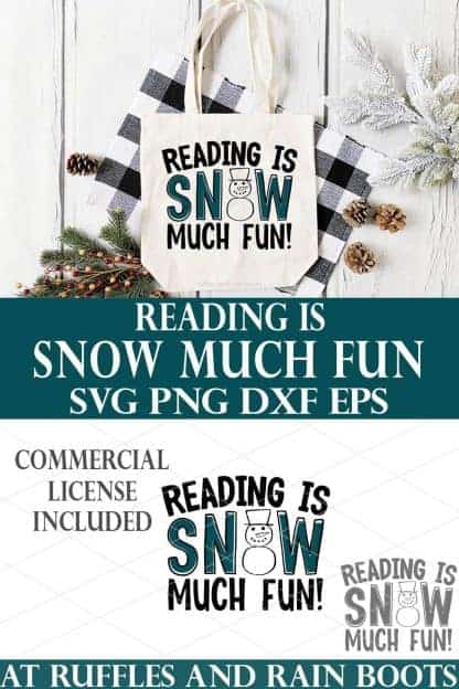 vertical image stacked with svg on bottom and black and teal reading is snow much fun svg with snowman outline on a tote bag on a winter background.