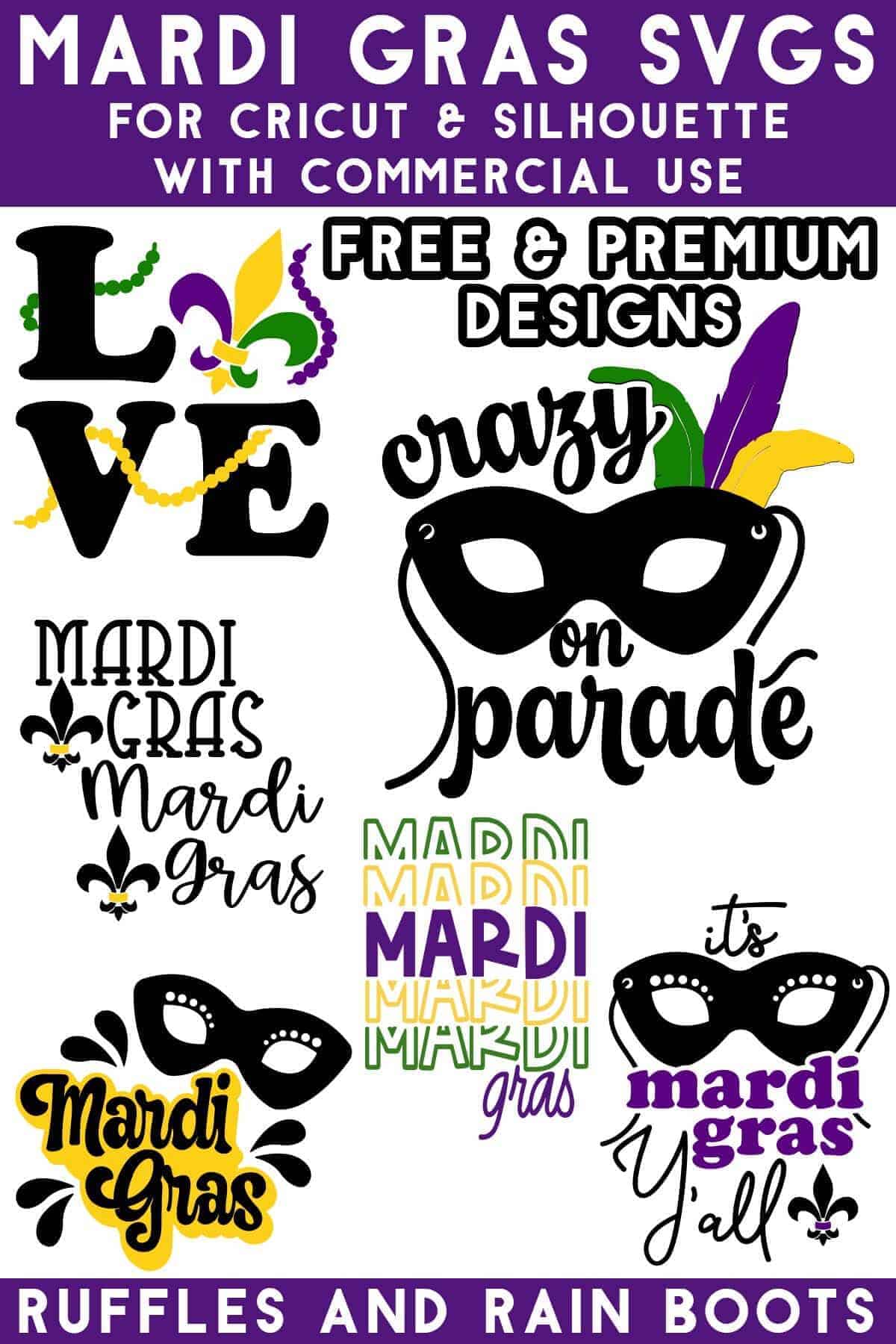 collage of mardi gras svg file from ruffles and rain boots for cricut and silhouette with commercial license.