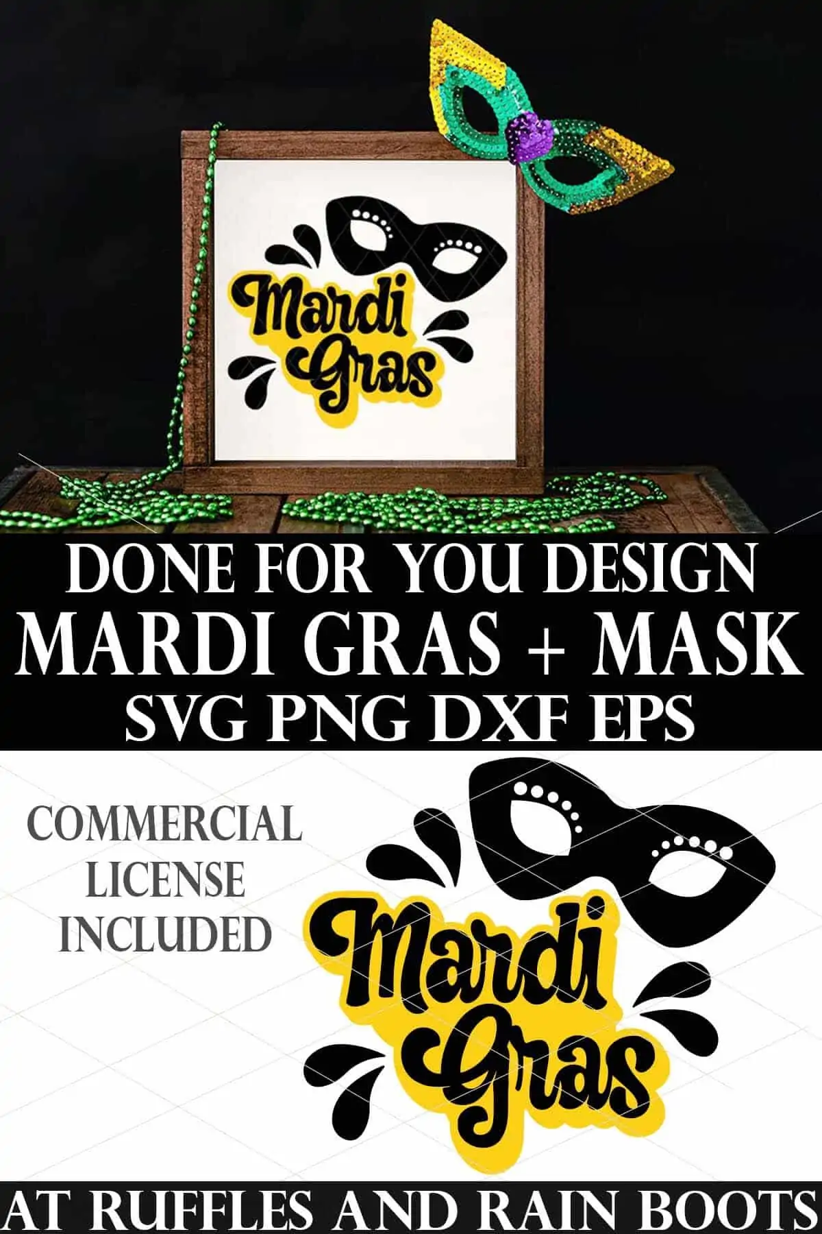 free mardi gras offset svg with mask and accent in layered black and yellow design on white sign on wood trunk.