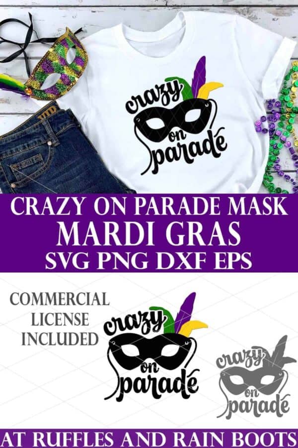 stacked vertical image of white t shirt and crazy on parade svg in black green yellow and purple on white t shirt with beads and mask with text which reads mardi gras svg.