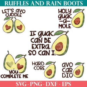Six hand drawn avocado svg with funny sayings in a svg bundle from ruffles and rain boots SVG shop.