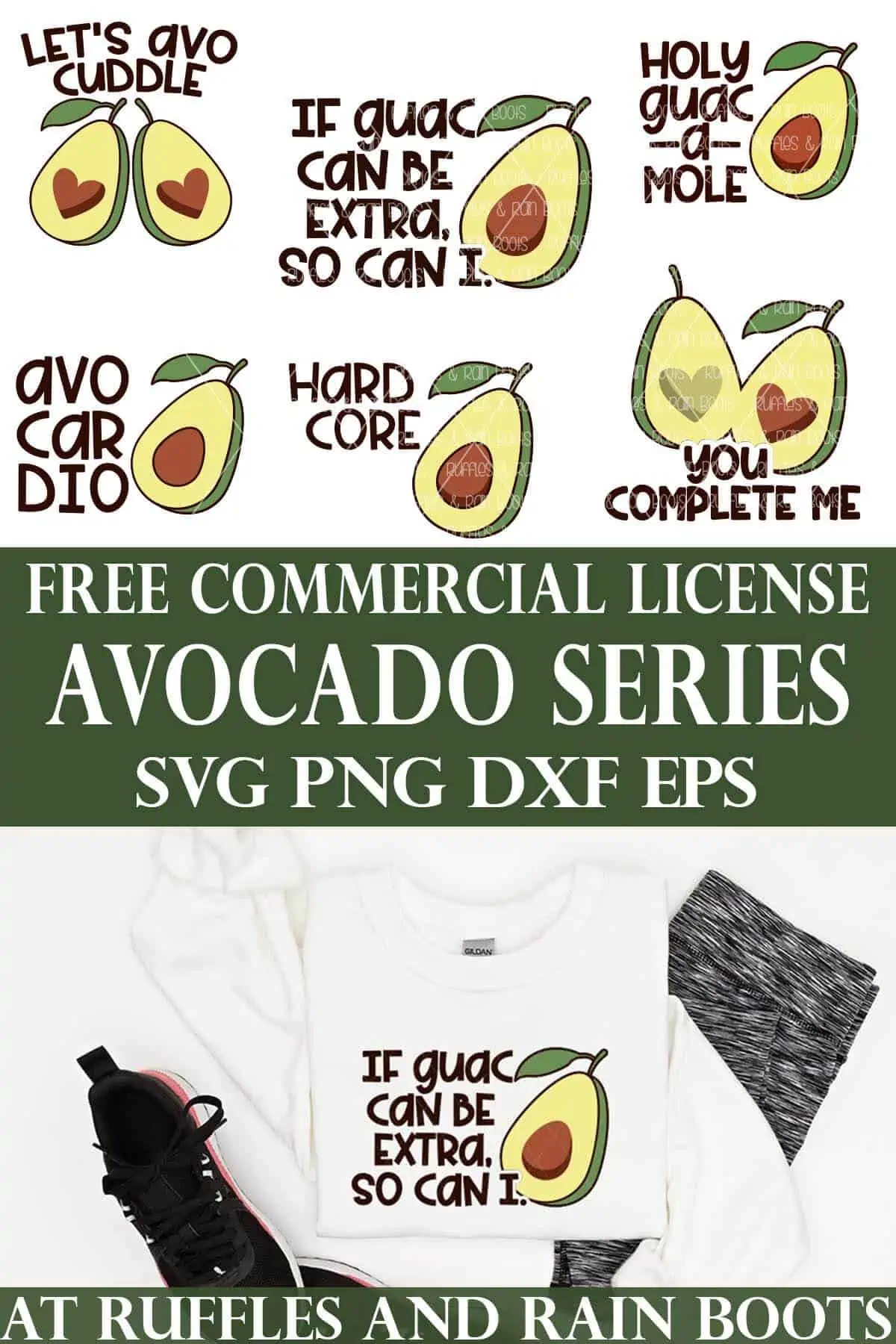 Vertical image showing a sweatshirt with the if guac can be extra, so can I avocado SVG and an image of all six SVG designs with text which reads free commercial license avocado series SVG PNG DXF EPS.