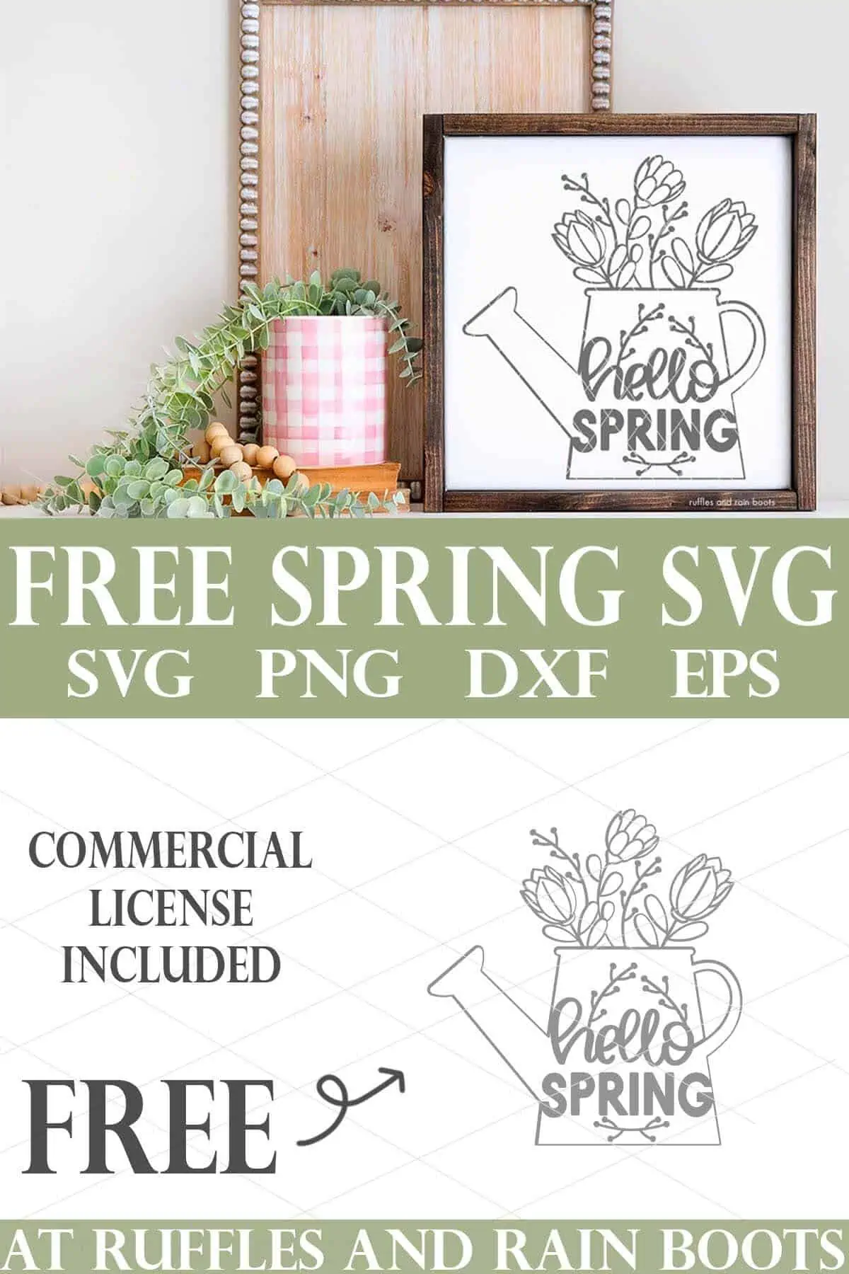 Vertical stacked image of free spring svg with watering can and flowers in front of a farmhouse shelf styled with beads and planter.
