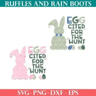 A two set collection of Easter SVG designs featuring a bunny with a hair bow and a bunny with a bow tie, Easter egg SVGs, and easy to weed font which reads eggcited for the hunt from Ruffles and Rain Boots SVG.