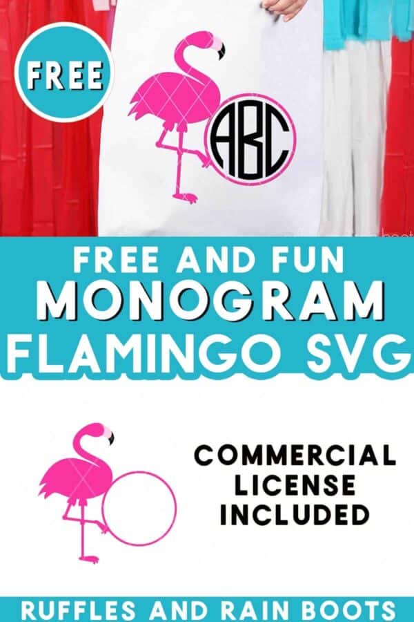 Stacked vertical image showing a pink vinyl flamingo with black monogram on a tote bag with text which reads free and fun monogram flamingo svg.