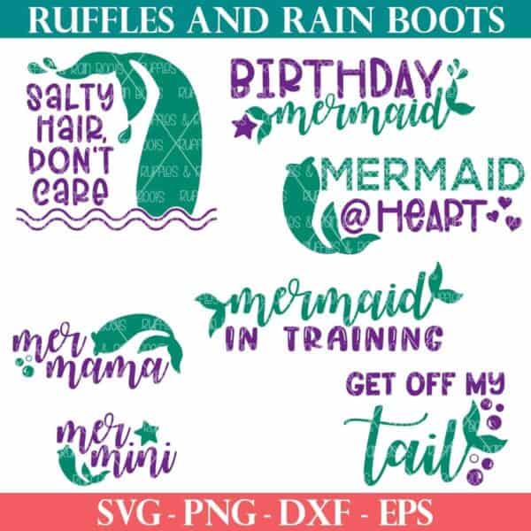 Square image showing all six designs in the free mermaid SVG bundle from ruffles and rain boots free svg.