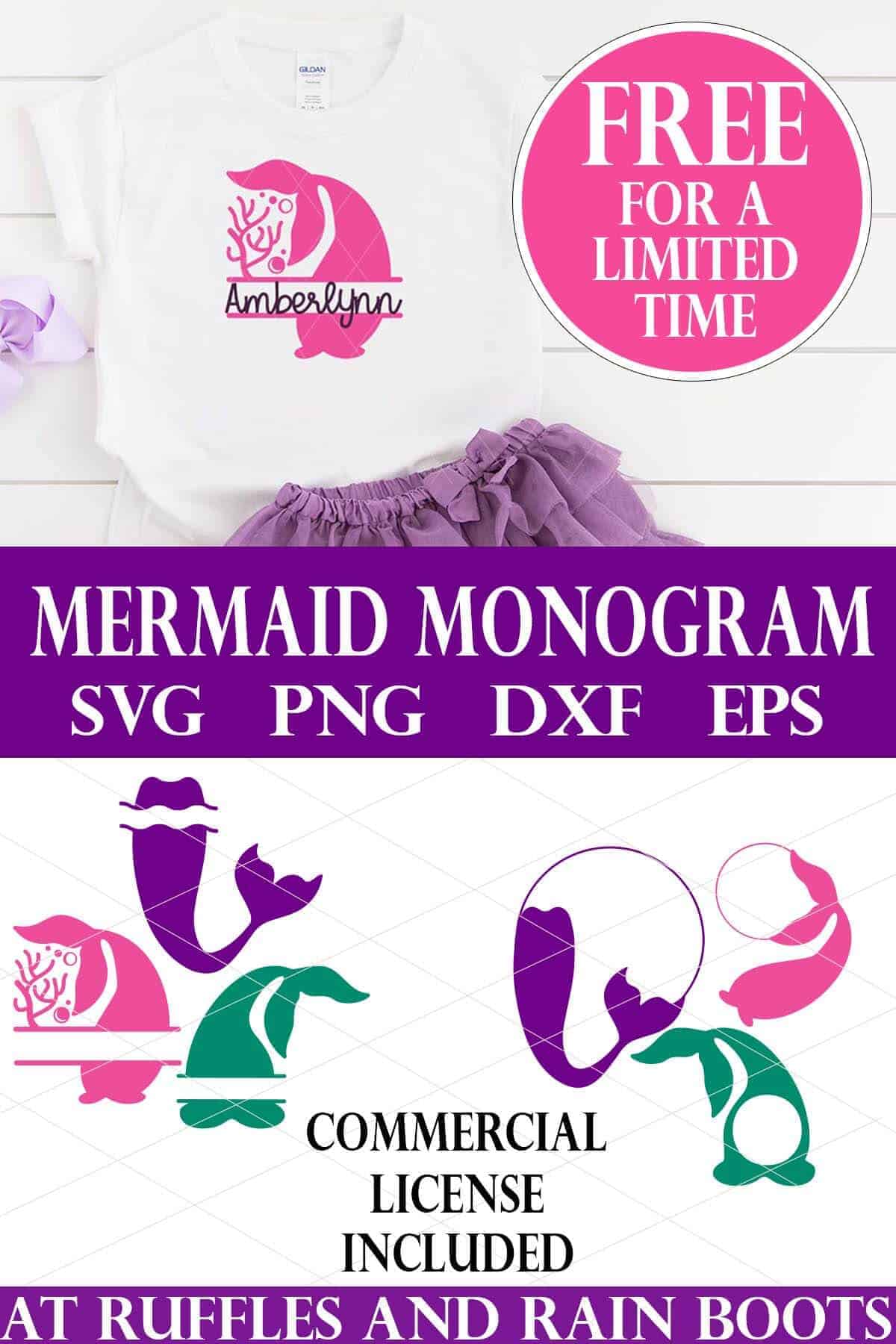 Stacked vertical image of a white t shirt with pink coral mermaid tail monogram cut file in pink vinyl with the text which reads mermaid monogram free for a limited time.