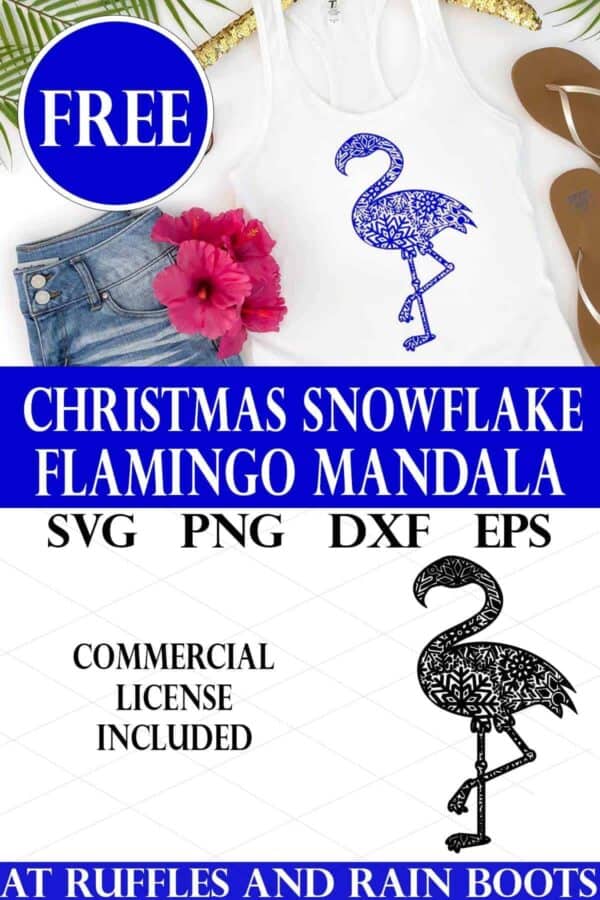 Stacked vertical image showing zentangle flamingo mandala with snowflake pattern in blue on white tank top with tropical background and text which reads Christmas snowflake flamingo mandala Free.