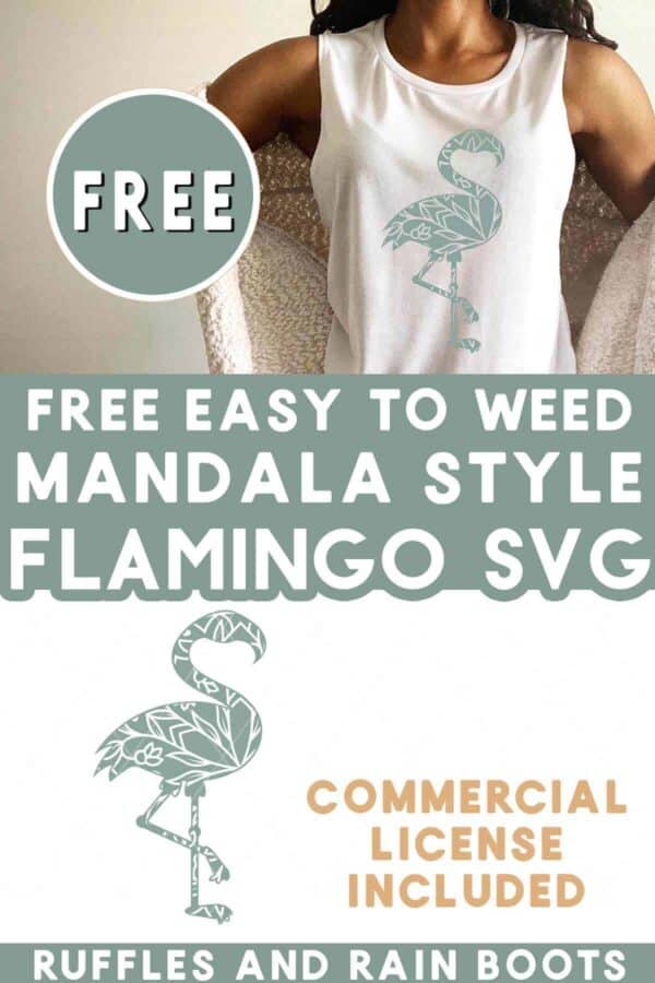 Vertical stacked image showing a woman wearing a cardigan and tank top with a sage colored vinyl flamingo mandala and text which reads free easy to weed mandala style flamingo svg.