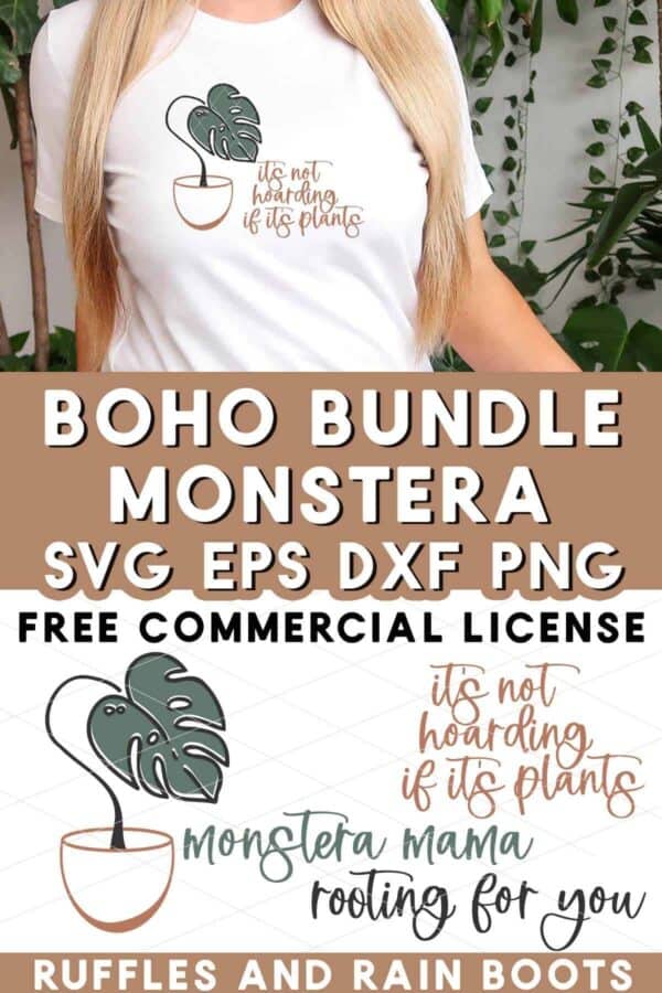 Vertical stacked image of a long blonde hair woman in white shirt with monstera plant and plant SVG in vinyl sitting in front of greenery.