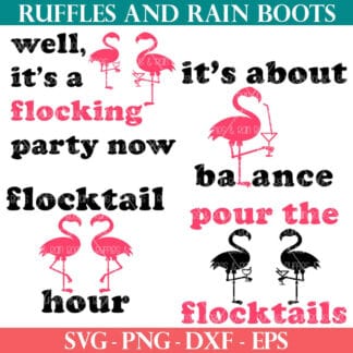 Square image of free flamingo drinking SVG bundle from Ruffles and Rain Boots SVG.