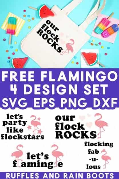 Stacked vertical image showing a tote bag on bright summer background with text which reads free flamingo four design set for flamingo friends svg.