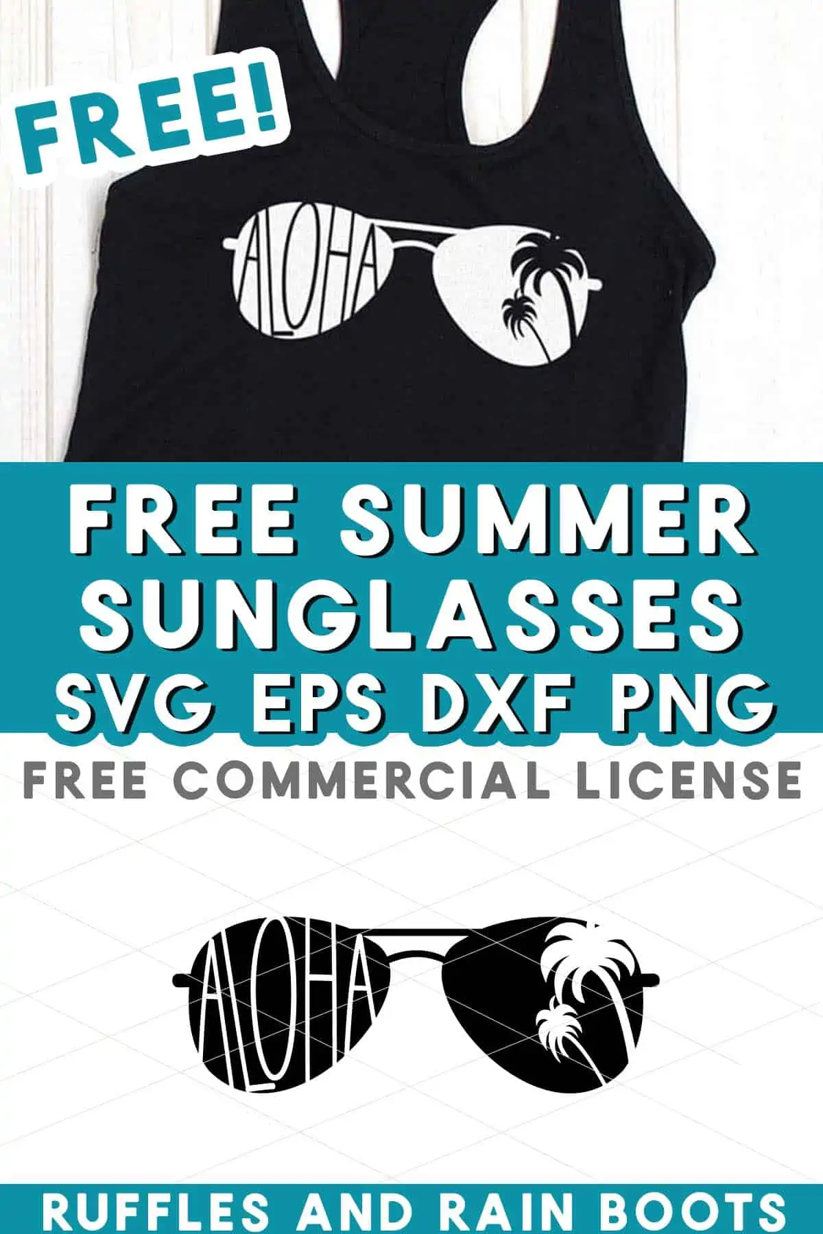 Vertical stacked image of a black tank top with white vinyl summer sunglasses with palm trees with text which reads free summer sunglasses SVG free commercial license.