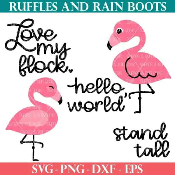 Kawaii flamingo SVG bundle with two face designs and wing designs from Ruffles and Rain Boots SVG.