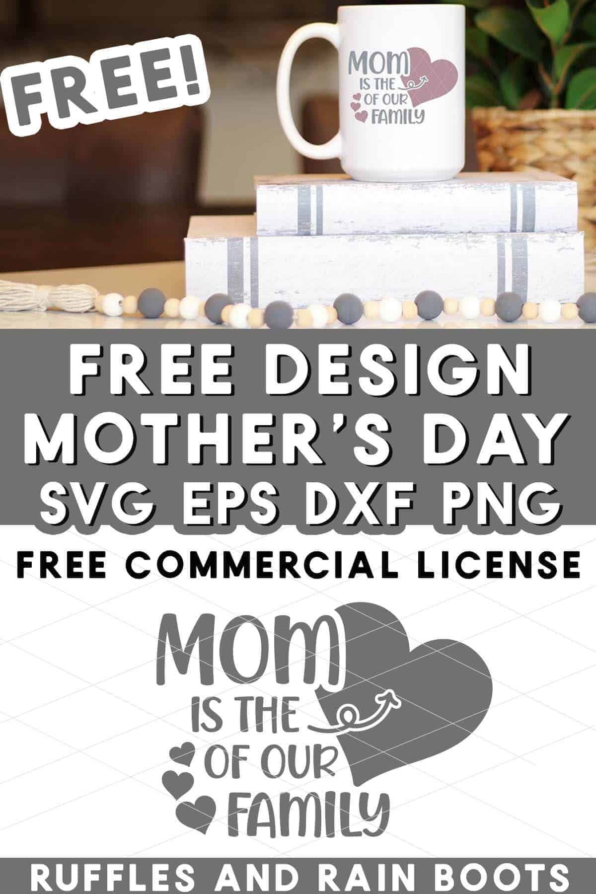 Vertical stacked image showing a mug with mom is the heart of our family svg in gray and mauve vinyl with text which reads free mother's day SVG with commercial license.