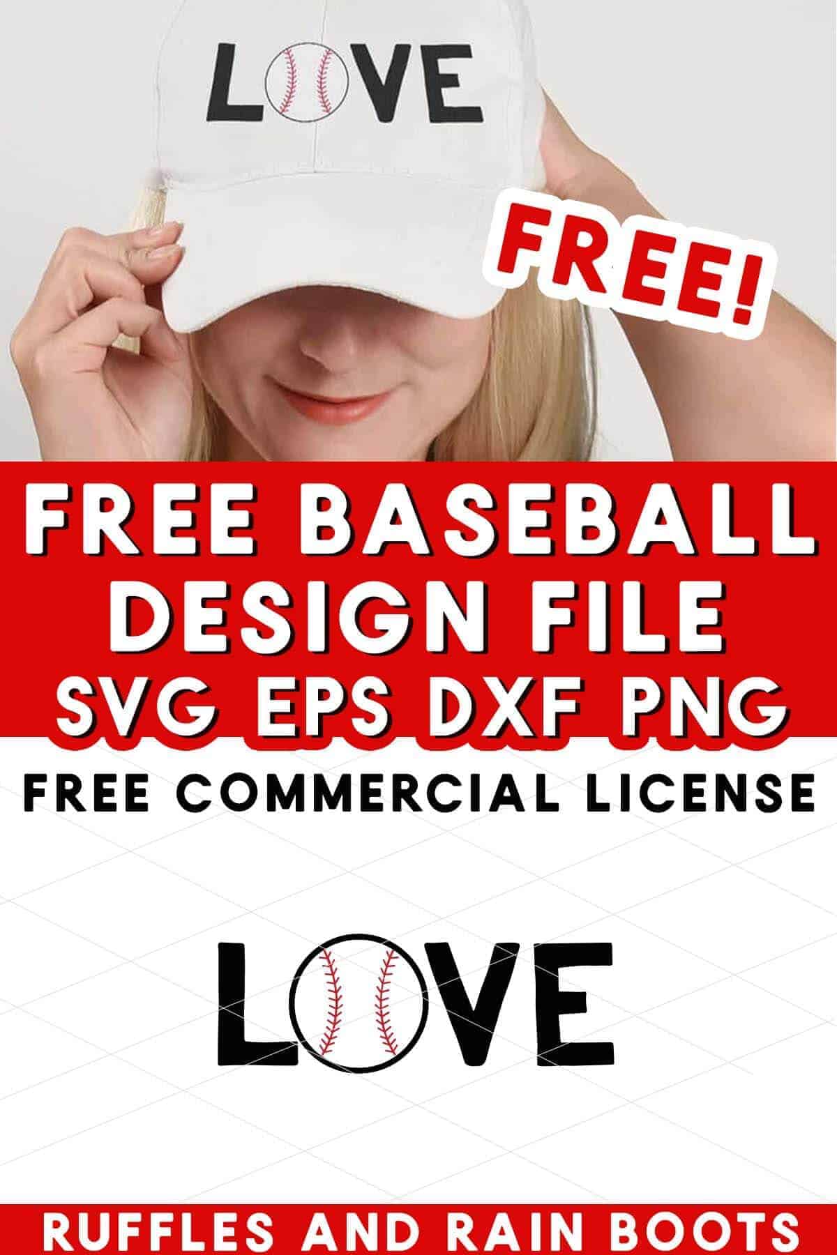 Vertical stacked image of blonde woman in canvas baseball cap with vinyl letters and baseball cut file with text which reads free baseball design SVG with free commercial license.
