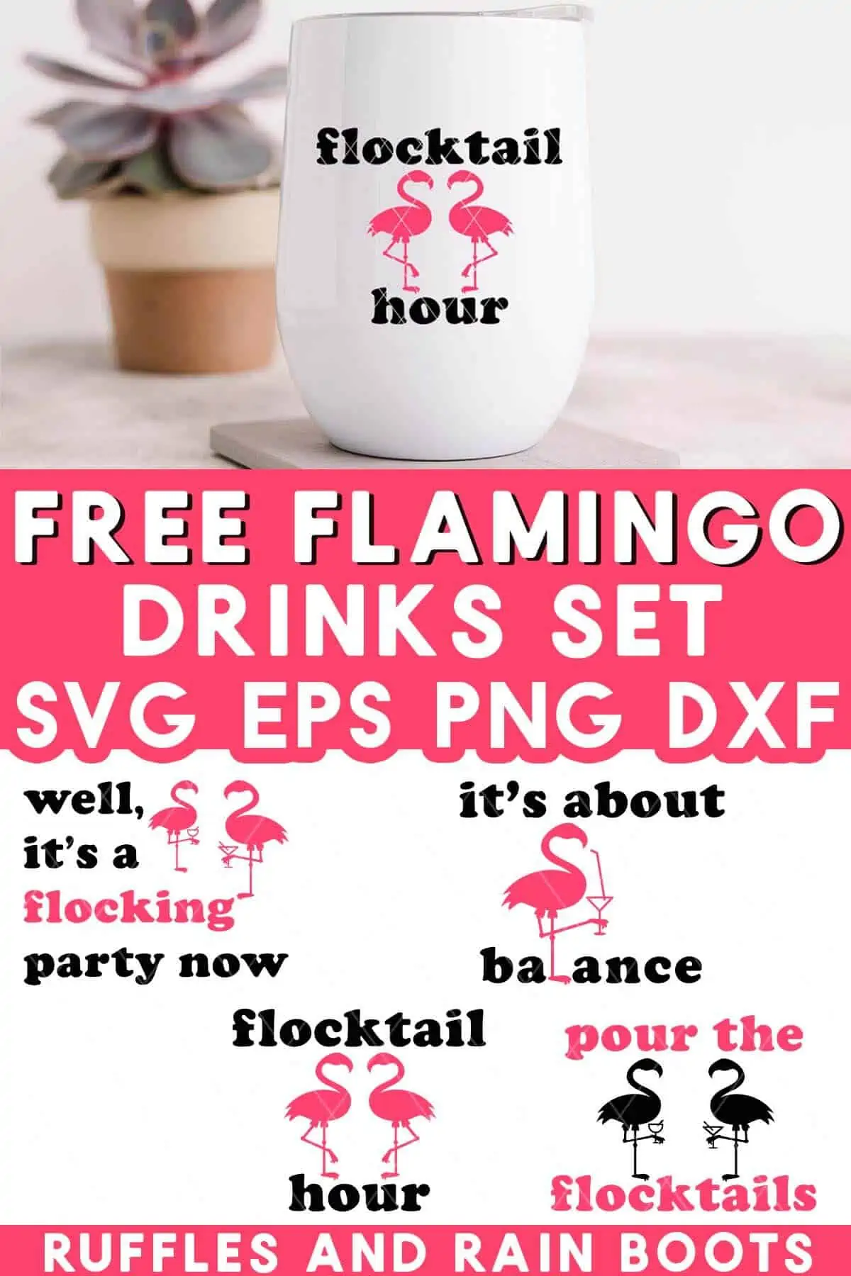 Stacked vertical image of free drinking flamingo SVG bundle on white stemless wine tumbler.