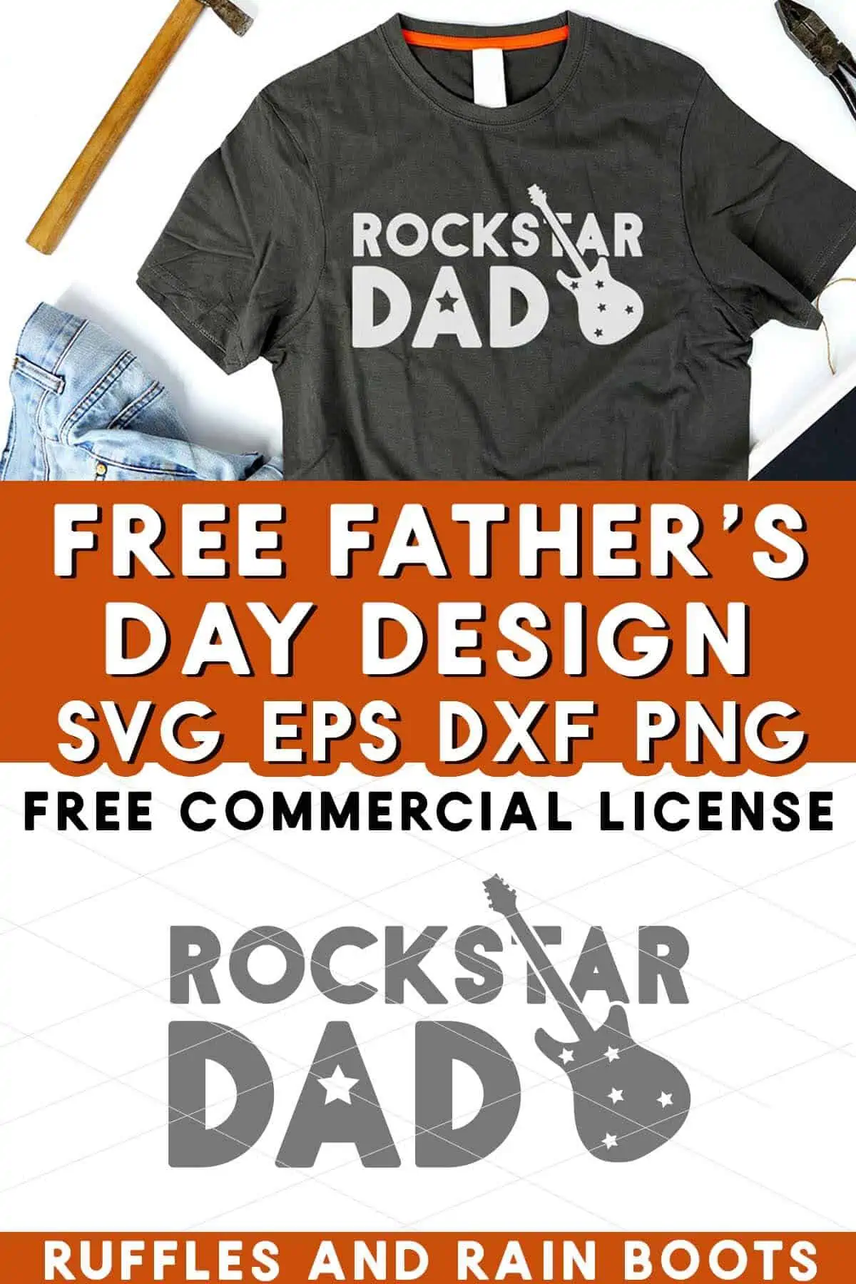 Stacked vertical image of a gray t shirt with rockstar dad svg in gray vinyl with text which reads free father's day svg with commercial license.