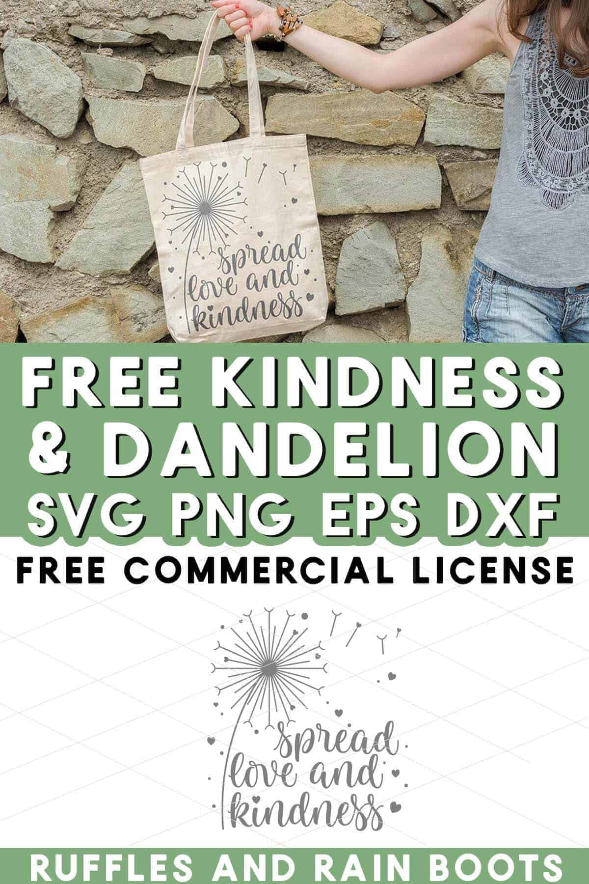 Stacked vertical image of a stone wall and a woman holding a tote bag with free dandelion SVG and spread love and kindness message.