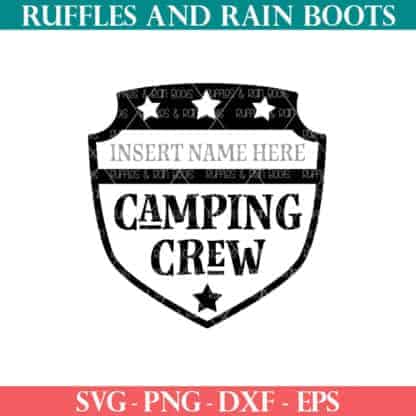 Free badge style Camping Crew SVG free from Ruffles and Rain Boots SVG.