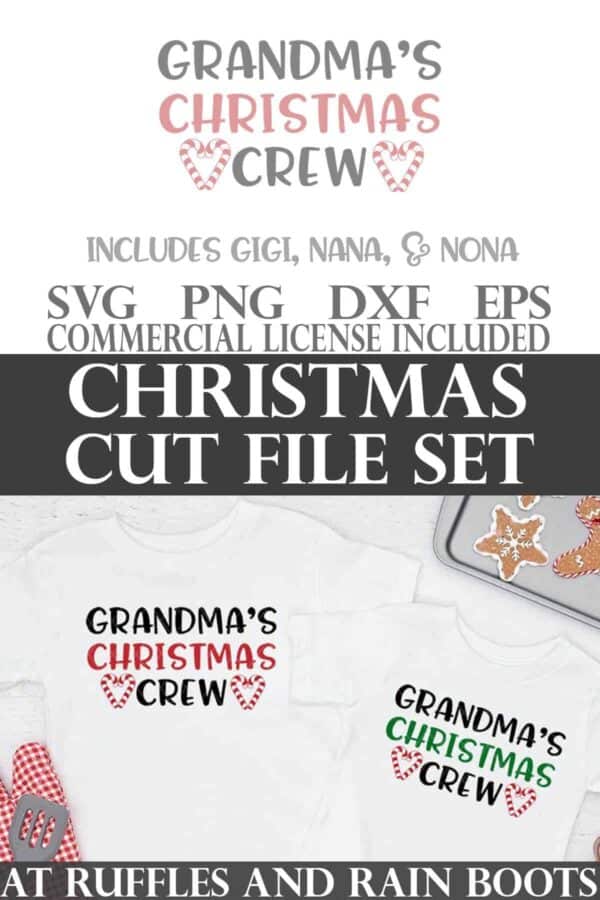 Stacked vertical collage image of Grandma's Christmas Crew SVG with candy cane hearts on two white t-shirts and text which reads Christmas cut file set.