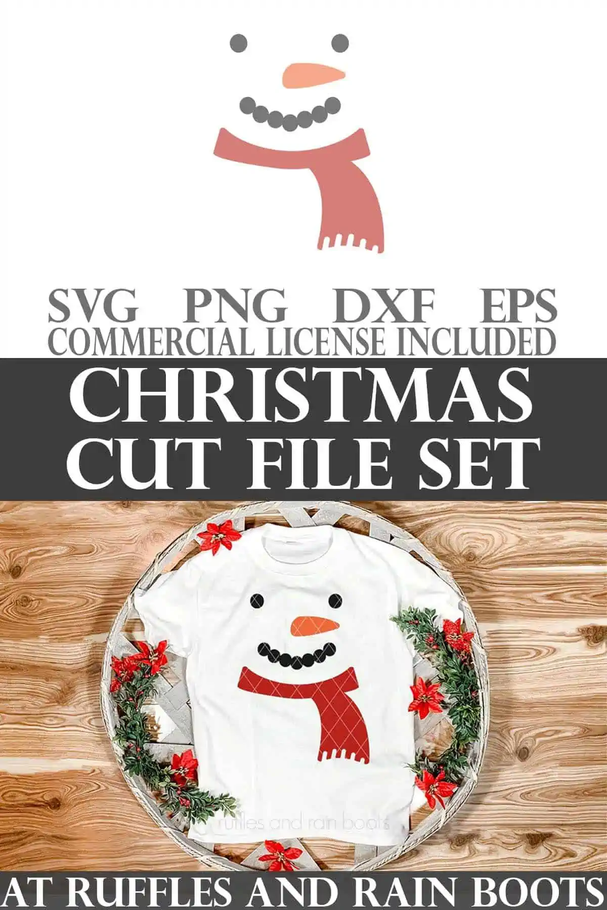 Stacked vertical image of a snowman face SVG on a white toddler t-shirt in a holiday basket on wood background with text which reads Christmas cut file set.