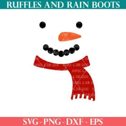 Snowman face SVG with scarf, eyes, mouth, and carrot nose from Ruffles and Rain Boots SVG.