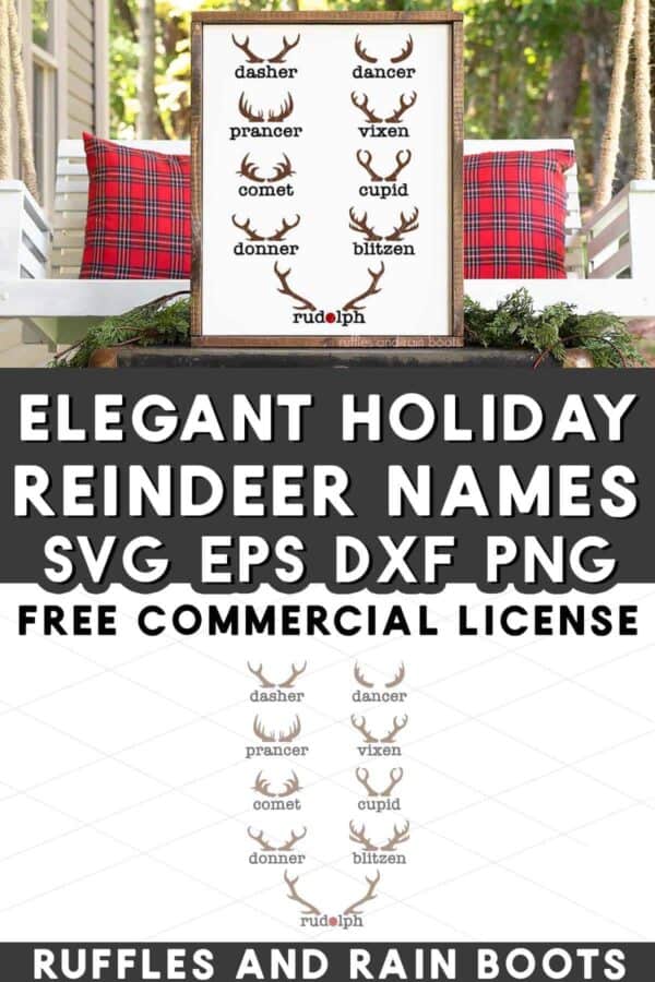 Stacked vertical image showing a reindeer frame on a Christmas front porch with text which reads holiday reindeer names SVG.