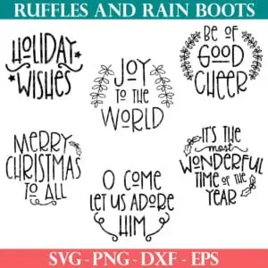 Six free Christmas ornament SVG designs for rounds from Ruffles and Rain Boots free SVG.