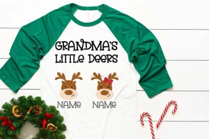 Green raglan t-shirt with Grandma's Little Deers in vinyl on a holiday background and white wood.